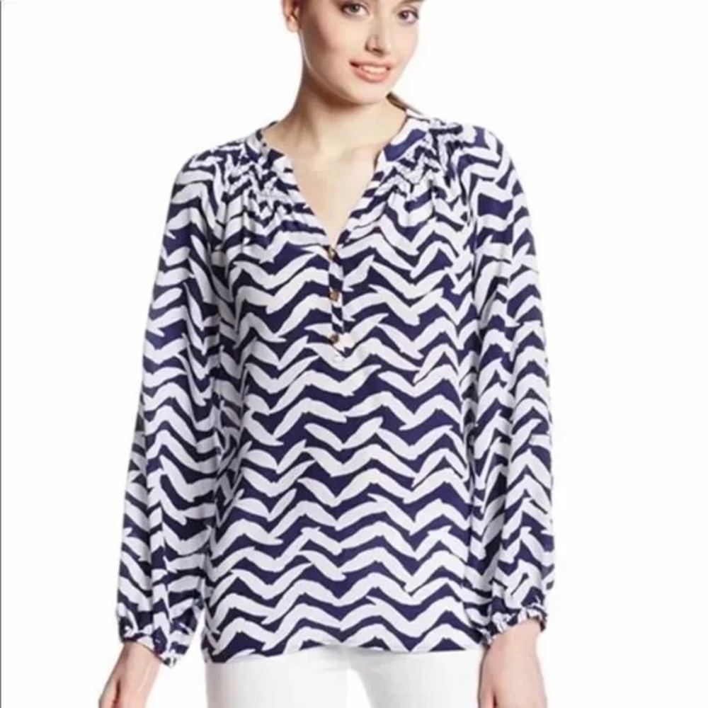 Lilly Pulitzer Elsa Top Women’s 100% Silk Shirt Blue White Peasant Size Small